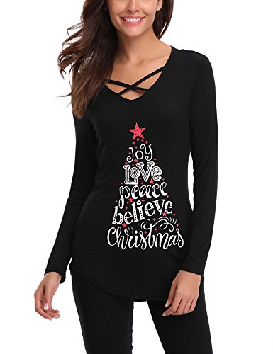 iClosam Womens Sexy Criss Cross Front V-Neck Long Sleeve Christmas Letter Print T-Shirt Tunic Tops (XX-Large, D-Black)