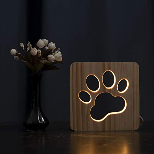 Hyindoor LED Nachtlicht Hund Pfote Holz Tischlampe 3D Kreativ Schreibtischlampe USB Power Light Schlafzimmer Dekoration für Kinder Baby Weihnachten Neujahr Geschenk