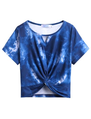 Image of Arshiner Girls Summer 2 Piece Outfits Tie Dye Short Sets Casual Twist Front Short Sleeve Tops and Pant with Pockets