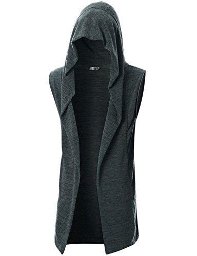 GIVON Mens Sleeveless Hooded Cardigan Lightweight Ruffle Shawl Collar Long Vest Sweater with Hood / DCC046-DARKCHARCOAL-XXXL
