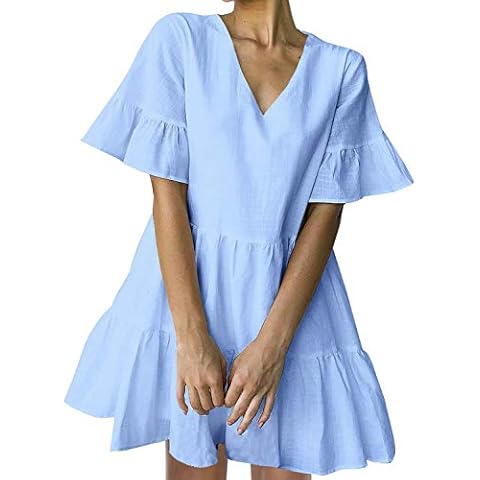 FANCYINN Women's Ruffle Bell Sleeve Shift Dress Babydoll Linen Casual Summer Tunic Mini Dress with Pockets Light Green S Cover