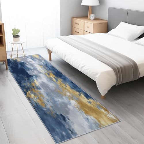 Tapis de passage couloir doux à poil ras bleu et or vintage - 3