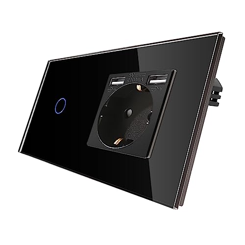 CNBINGO Prise Schuko En Verre Noir Avec Double USB 2,1 A – Prise Murale Encastrée Design Moderne