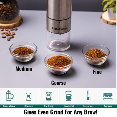 InstaCuppa Rechargeable Coffee Bean Grinder with Stainless Steel Burr Mill, One Click Operation, 5 Adjustable Grind Settings, Airtight Bottom Canister - Image 6