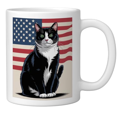 Taza de cerámica blanca con gato tuxedo y bandera USA miniatura 2