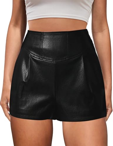 Minclouse Womens High Waisted Stretchy Faux Leather Pleated Shorts Trendy PU Bottoms Black