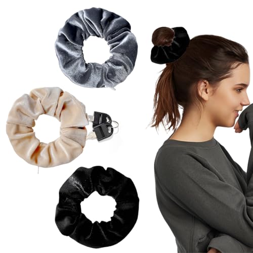 3 pcs gomas para el pelo de terciopelo con cremallera, Coleteros estilo scrunchie de terciopelo, adecuado para mujeres, niñas, almacenamiento de dinero, pintalabios, collar y llaves