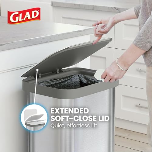 Image of Glad Stainless Steel Step Trash Can, Series 2 with Clorox Protection - Large Metal Kitchen Garbage Bin with Soft Close Lid, Foot Pedal and Waste Bag Roll Holder, 20 Gallon