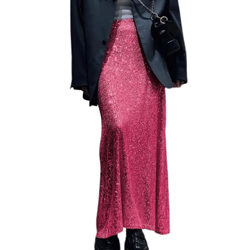 Elegant Sparkling Sequins Stretchy Long Skirt for Women Elastic High Waist A Line Skirt for Formal Parties and Night Out Turquoise4