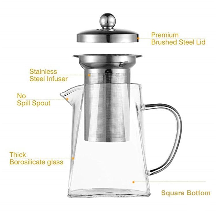 Image of Borosilicate Glass stovetop Kettle with Stainless Steel Infuser teapot to Infuse Tea Coffee Black Tea harbal kadha Tea Pot for Making Green Tea (Square Teapot 750 ML)