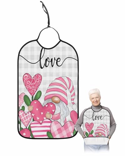 LEOKOTI Pink Gnomes Valentines Adult Bibs for Eating, Waterproof Bibs with Food Catcher & Adjustable Snap Closure, Grey Plaid Teal Botanical Washable Clothing Protectors Adult Bibs for Elderly