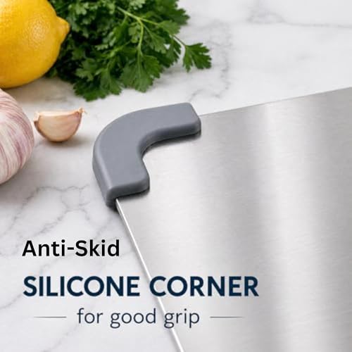 Image of Organizemee Steel Chopping Board Medium 31.8x21cm, Stainless Steel Cutting Board for Kitchen Use, Everyday Rust-Proof Chopping Board with Non-Skid Silicon Corner Pads for Vegetables and Fruit