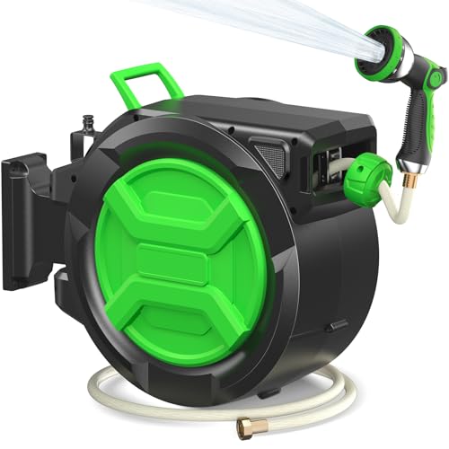 Garden Hose Reel 2-in-1 Wall Mounted Portable Auto Rewind Hose Reel with 180 Swivel Bracket Any Length Lock & 9-Pattern Nozzle 1/2 30+2m Retractable Garden Hose Reel for Garden Patio Car Washing