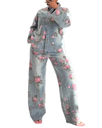 VOIKERDR Denim Set for Women Floral Print Long Sleeve Shirt
