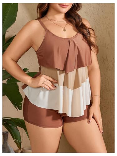 Verdusa Women's Plus Size 2 Piece Colorblock Tankini Set Ruffle Layered Cami Top with Shorts3