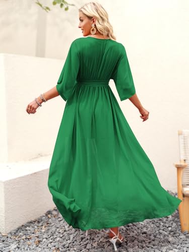 Image of ANRABESS Womens 1 /2 Sleeve Beach Wedding Guest Maxi Dresses 2026 Summer Wrap V Neck Boho Floral Flowy Slit Long Dresses