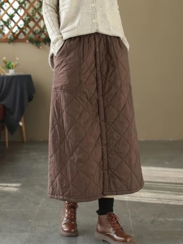 ebossy Women's Puffer Quilted Skirt Winter Insulated Warm High Waist Front Split Long Down Skirt with Pockets2