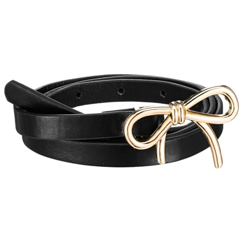 Womens Leather Belt, Skinny Gold Bow Belt Ladies Thin Waist Belt for Pants Dresses Jeans