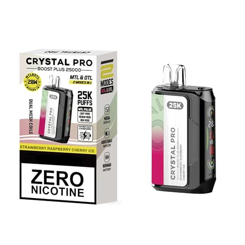 Crystal Pro 25000 Boost Plus 2 In 1 Mode, Adjustable Airflow, 900mah Rechargeable Battery, Mega Display, Type-C, Design And Build, 2ml Cartridge No Nicotine, (Strawberry Raspberry Cherry Ice)
