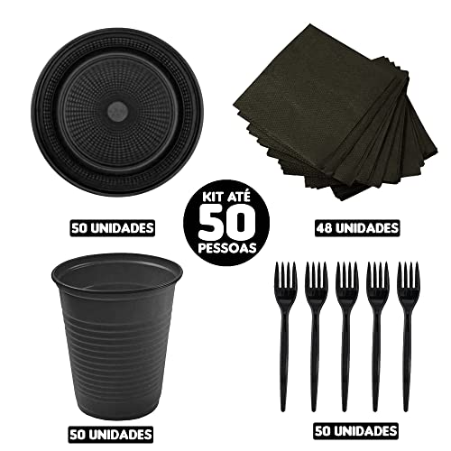 kit descartável festa com pratinho copo garfo e guardanapo para até 50 pessoas (Preto)