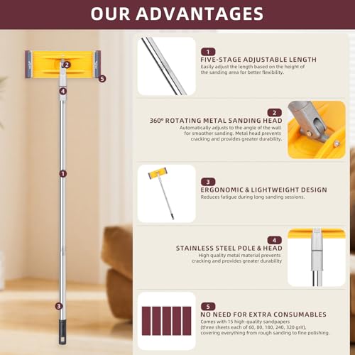 Adjustable Manual Pole Sander with 15 Sheets