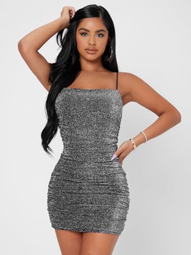 Image of Floerns Women's Glitter Sleeveless Ruched Party Clubwear Bodycon Mini Dress