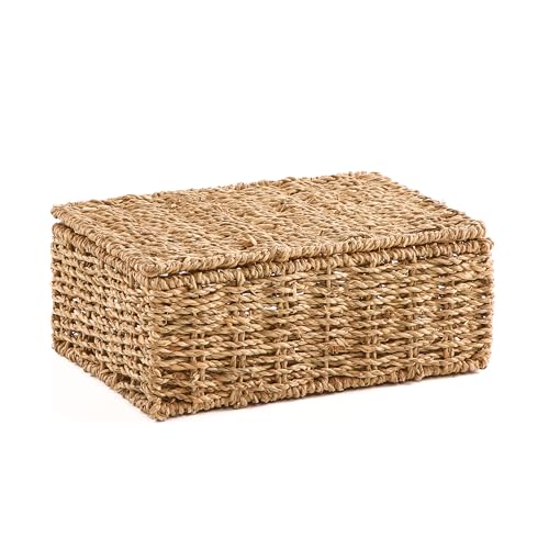 Gatarn Seagrass Storage Boxes with Lids | Handwoven Wicker Style Storage Baskets | Nesting Shelf Storage Hamper Organiser for Bathroom, Bedroom, Kitchen & Home Office (Medium)