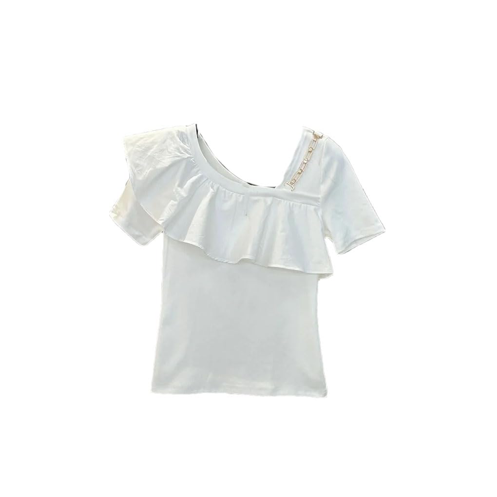 T-shirt à manches courtes en coton patchwork pour femme - Couleur unie