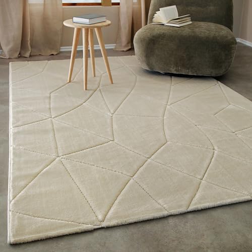 WECONhome Kurzflorteppich – Moderner Teppich mit weicher Haptik & geometrischem Linienrelief – OEKO-TEX zertifiziert, Pflegeleicht & geeignet für Fußbodenheizung - Unplugged (80 x 150 cm, sand beige)