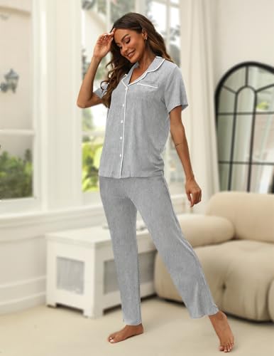 Image of HNG Women Pajamas Set 2 Piece Button Up Pajamas Pant and Short Sleeve Shirt for Woman Pj Sets with Pocket