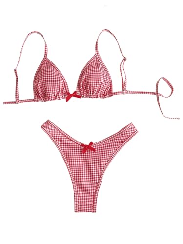 Women's 2 Piece Y2K Gingham Bikini Sets Plaid Bow Triangle Bathing Suit Checkered Bikini Coquette Swimsuit