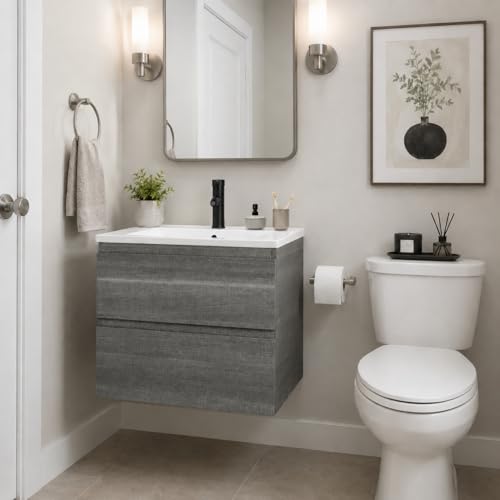 KSWIN 24 Inch Floating Bathroom Vanity with Sink, Gray Wall Mounted Vanity Cabinet with 2 Drawers, Ceramic Sink, Soft Close Slides for Small Bathroom, Powder Room