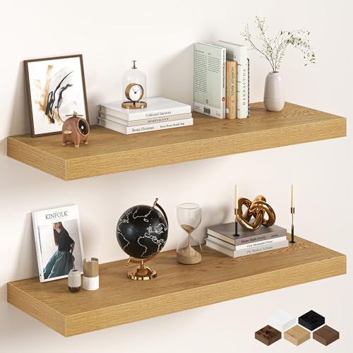 Image of 40Inch Oak Floating Shelves for Wall, 12 Inch Deep Shelves for Bedroom, Kitchen, Bathroom Wall Mounted, Rustic Wood Floating Shelf with Invisible Brackets for Books, Storage, Decor, 2 Packs