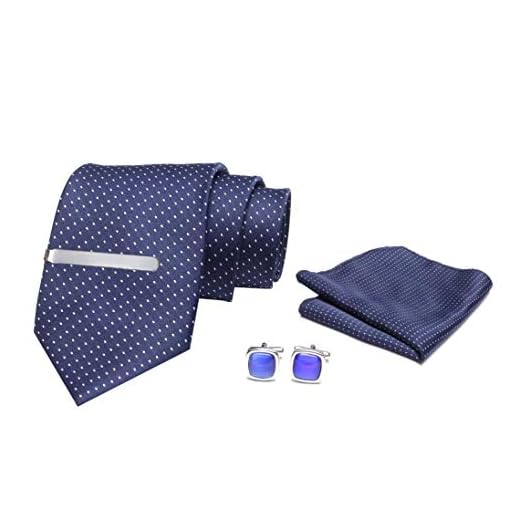 AXLON Men's Necktie with Micro Polyester Silk Clip, Pocket Square and Cuff links for Business Meeting Formal Tie (Blue) Set of 5