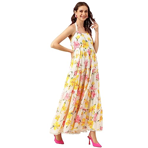 Image of Divena Rayon Cream A-Line Floral Printed Midi Dress