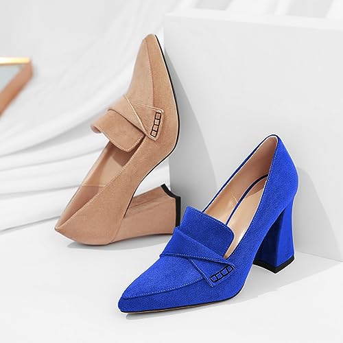 Esvowido Women's High Heel Loafers Block Chunky Heels Slip on Pumps Closed Pointed Toe Comfortable Dress Shoes for Work Office 3.5 Inch 5
