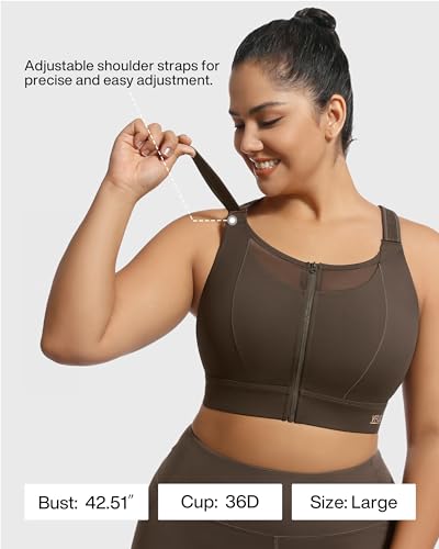Image of Adjustable High Impact Sports Bra Zip Front Sexy Mesh Racerback Workout No Bounce Compression Bras for Women Plus Size