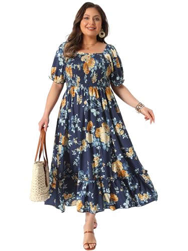 Image of Agnes Orinda Plus Size Dress for Women Short Sleeve Shirred Square Neck Floral Maxi Long Dresses