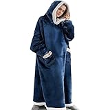 [OYUEGE] 着る毛布 部屋着 ガウン 毛布 レディース メンズ 着るもうふ 冬服 室内服 フランネル ルームウェア 洗える フード ポケット付き フード付き ヒートウォーム 男女兼用 着丈120cm ネイビーブルー 24時間以内に配送