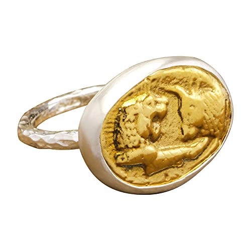 Caprixus Signet Ring 925 Sterling Silver Ring Ancient Greek Lydia Kroisos Lion Bull Coin Ring 24K Gold Vermeil Designer Handmade Rings for Women Two Tone Hammered Pinky Ring Turkish Fine Jewelry