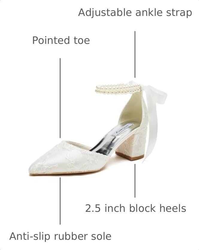 Image of Block Heel Wedding Shoes for Bride Pointed Toe Pearl Wedding Heels Bridal Shoes