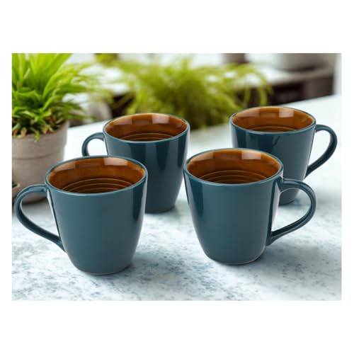 Image of Bodhi House Handcrafted Ceramic Coffee Mug Set of 4 Pieces (350 Ml), Stoneware Tea Cup, Microwave Safe Large Milk Mug, Glossy Finish, Ideal for Daily use, Casual Gatherings and Gifting, Cyan