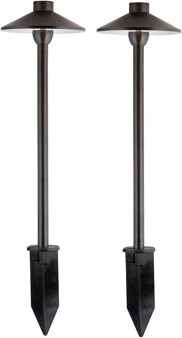 Proline RPL-8907 2-Pack 18" Brass Low Voltage Path Light – Solid Brass Bronze 12V LED Landscape Walkway & Garden Fixture, Heavy-Duty Hat-Style Design, Includes Ground Stake [W58374]