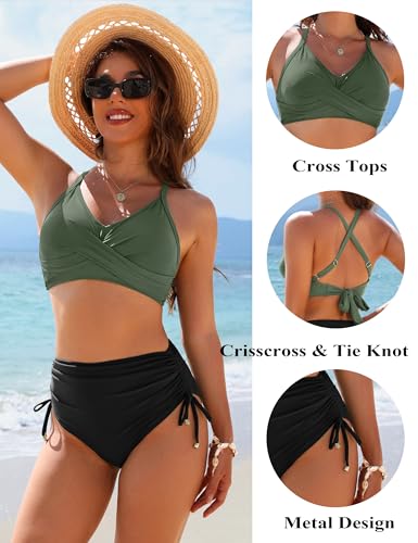 Image of Blooming Jelly Womens High Waisted Bikini Sets Drawstring Tummy Control Swimsuits Crisscross Tie Back Bathing Suit
