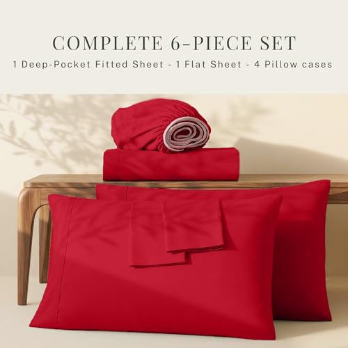 Image of Hearth & Harbor Extra Deep Pocket Sheets - Fits Mattress 18-24 Inches Deep - Extra Deep Pocket Full Size Sets - 6 Piece Full Size - Full - Cherry Red