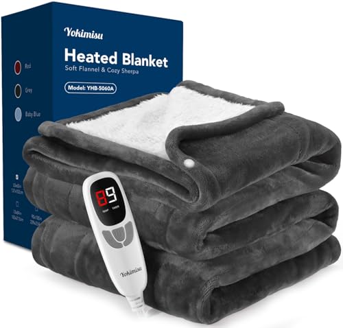 Yokimisu Heated Blanket Throw w/ 2 Wearable Buttons, Soft Flannel & Warm Sherpa Electric Blanket...