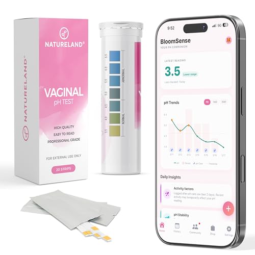 NATURELAND Vaginal pH Test Strips for Women At-Home BV and Yeast Infection Test Kit with BloomSense App Accurate 3.5-6.5 Range Foil-Sealed (20 Strips)