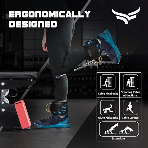 Image of XTRIM Unisex Stylish Ankle Straps with Metal D-Rings for Cable Machine, Kickbacks and Glutes Workouts, Adjustable Ankle Straps, Curls & Hip Abductors with Padded Neoprene Support (Army Blue)