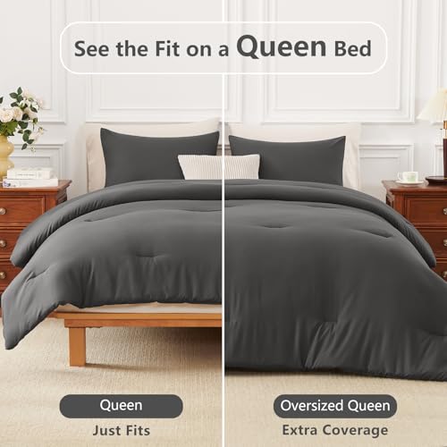 Image of HIMEET Queen Comforter Set, 3 Pieces 90 inchx90 inch with 2 Pillowcases, Dark Grey | 270GSM Down Alternative Fill, Oeko-TEX Certified, 8 Corner Ties Quilted, All Season, Fluffy Bed Set, Bedroom Decor Bedding