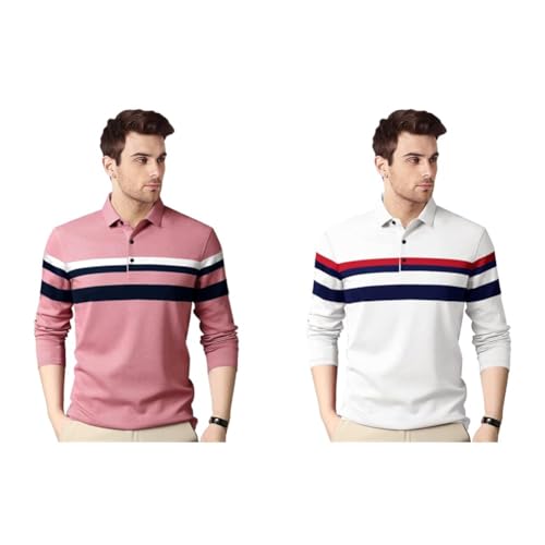 Image of EYEBOGLER Polo Neck Half Sleeve Striped Print Casual Men Regular Fit Tshirt (Pack of 2)